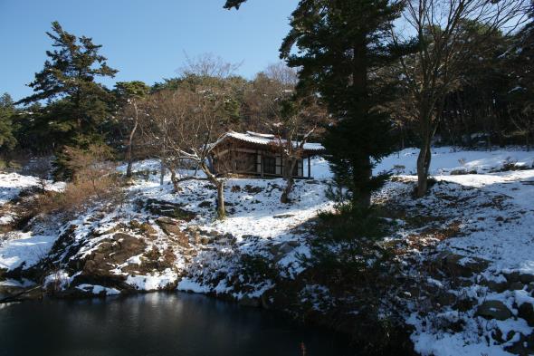 안진사고택의 정자 앞에는 오랜 세월 고택과 함께해 온 연못이 있다. 