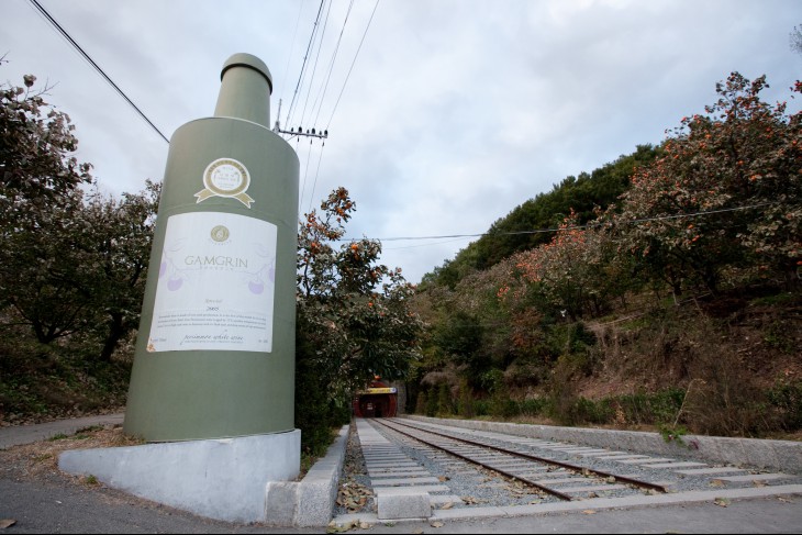 와인병 구조물 뒤에는 일본의 터널 공사를 상기시키는 기차트랙과 감나무가 줄지어 서있다.