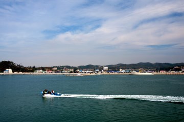 홍성의 대표 포구인 남당항 전경(좌)과 남당항의 명물 새조개(우).