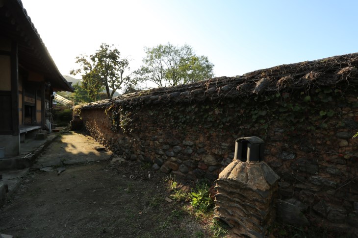 넝쿨이 내려앉아 운치가 있는&nbsp;뒷뜰의 흙담장