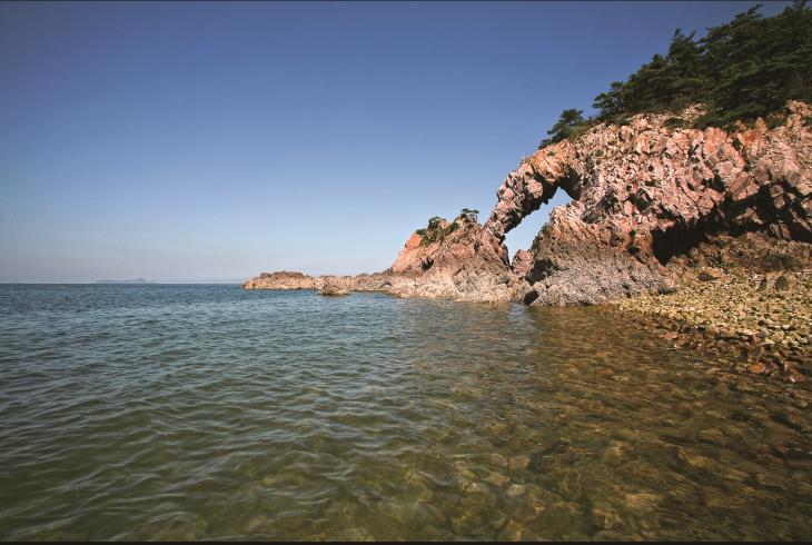 바닷물을 마시는 듯한 황금산 코끼리바위의 모습이다.