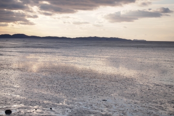 동막해변 갯벌 위로 저무는 햇살이 비친다. 물때는 시기에 따라 다르니 강화군이 제공하는 물때 표를 참고하자.