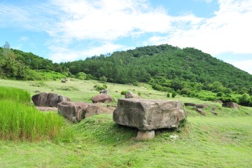 고창 고인돌(좌)과 고인돌 유적지를 순환하는 열차(우).