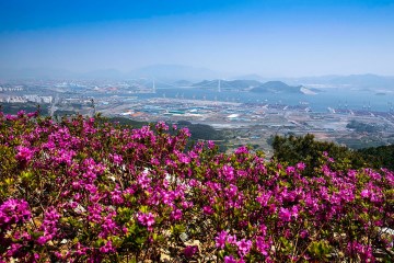 구봉산 전망대에 세워진 디지털봉수대(좌)와 전망대에서 바라본 광양만의 모습.